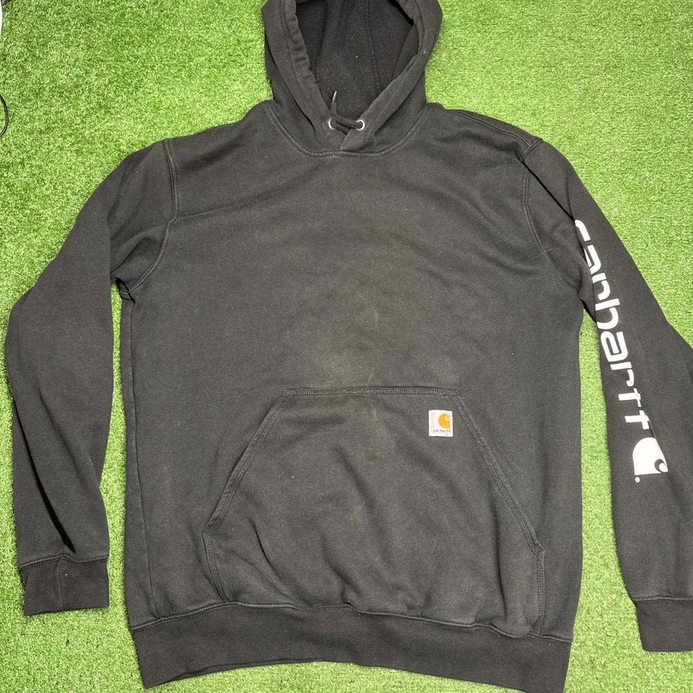 Carhartt Hoodie Men's Sz Large Black Original‎ Fit Pullover Logo Graphic Sleeve